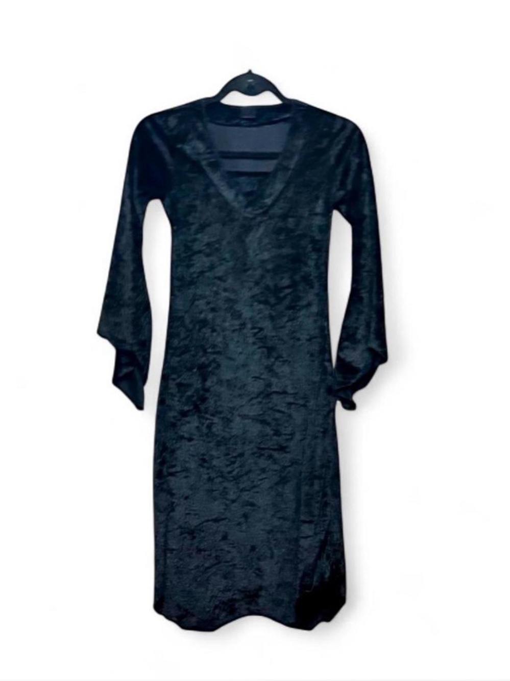 Black Velour Velvet V-Neck Dress with Draped Bell Sleeves & Asymmetrical Hem